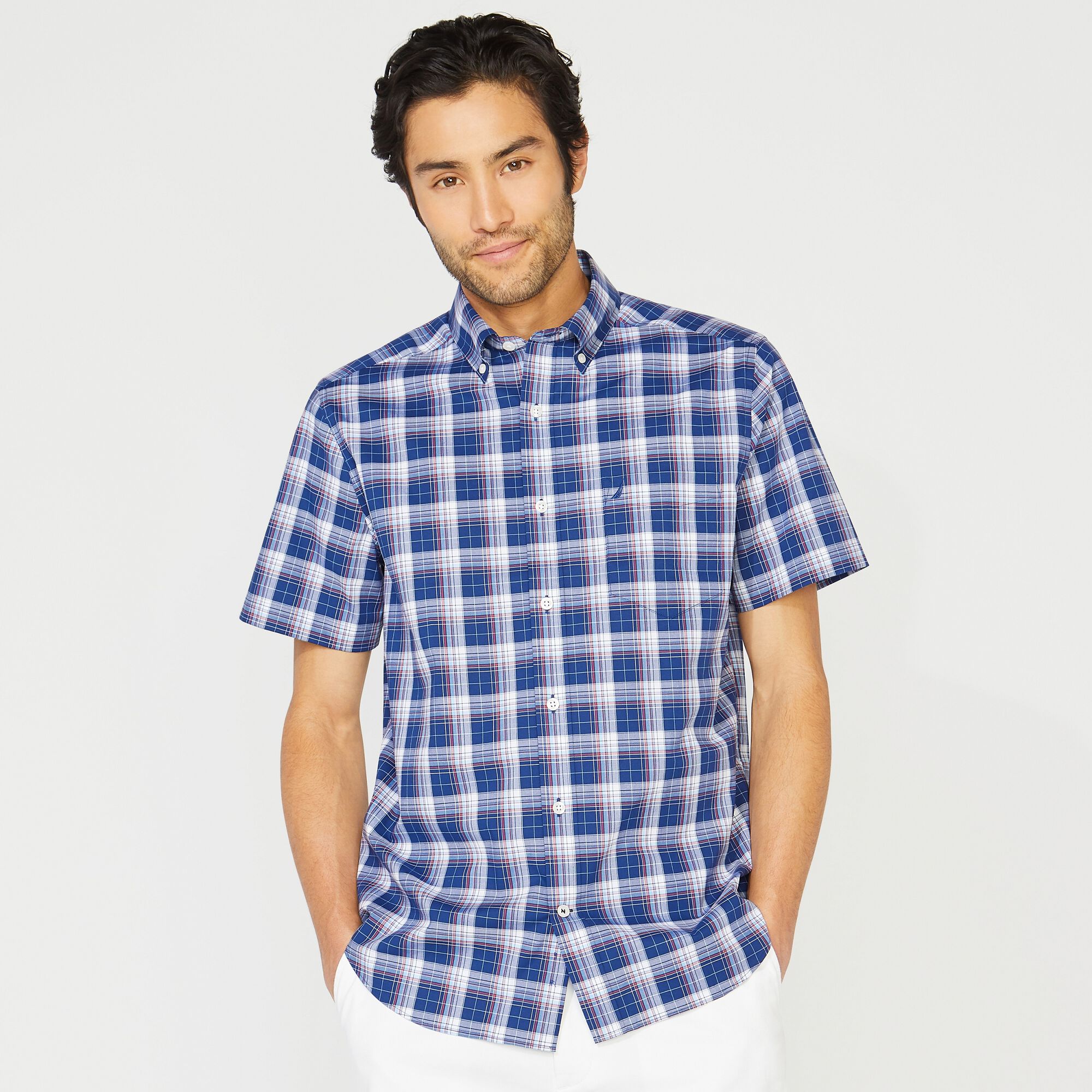 BIG & TALL PLAID SHORT SLEEVE SHIRT,Blue Depths,large