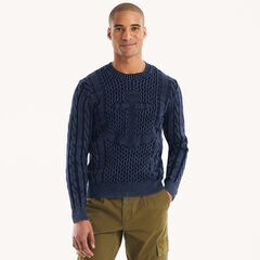 Cable-Knit Crewneck Sweater,Stellar Blue Heather,large
