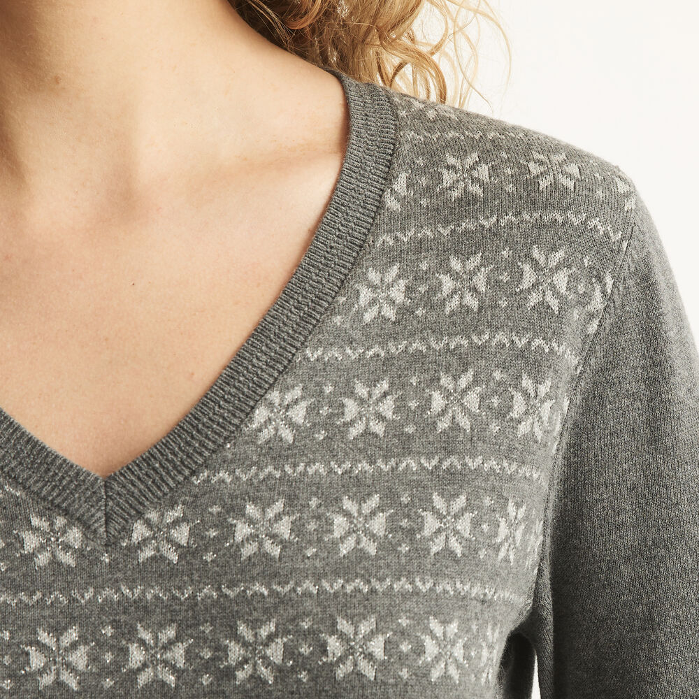 Snowflake Print V-Neck Sweater,Grey Heather,large