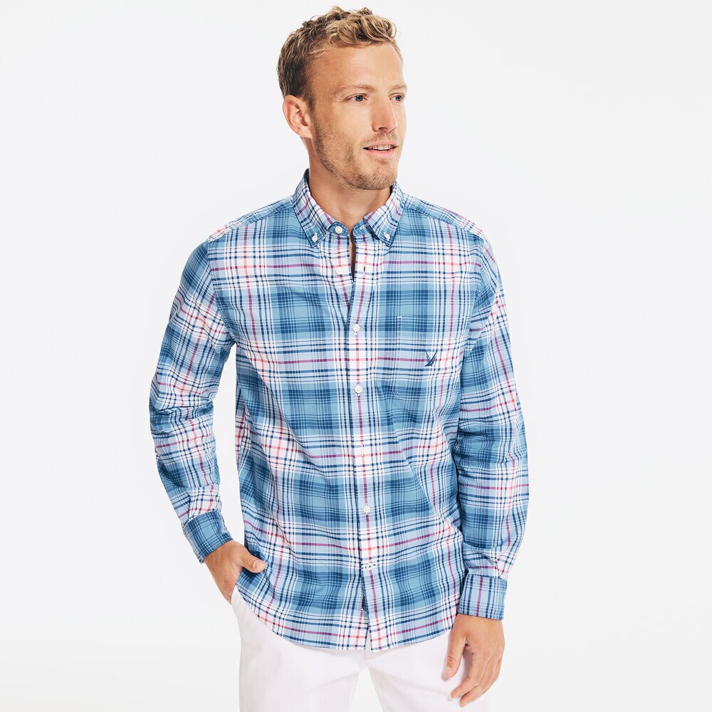 PLAID  POPLIN SHIRT,Riviera Blue,large