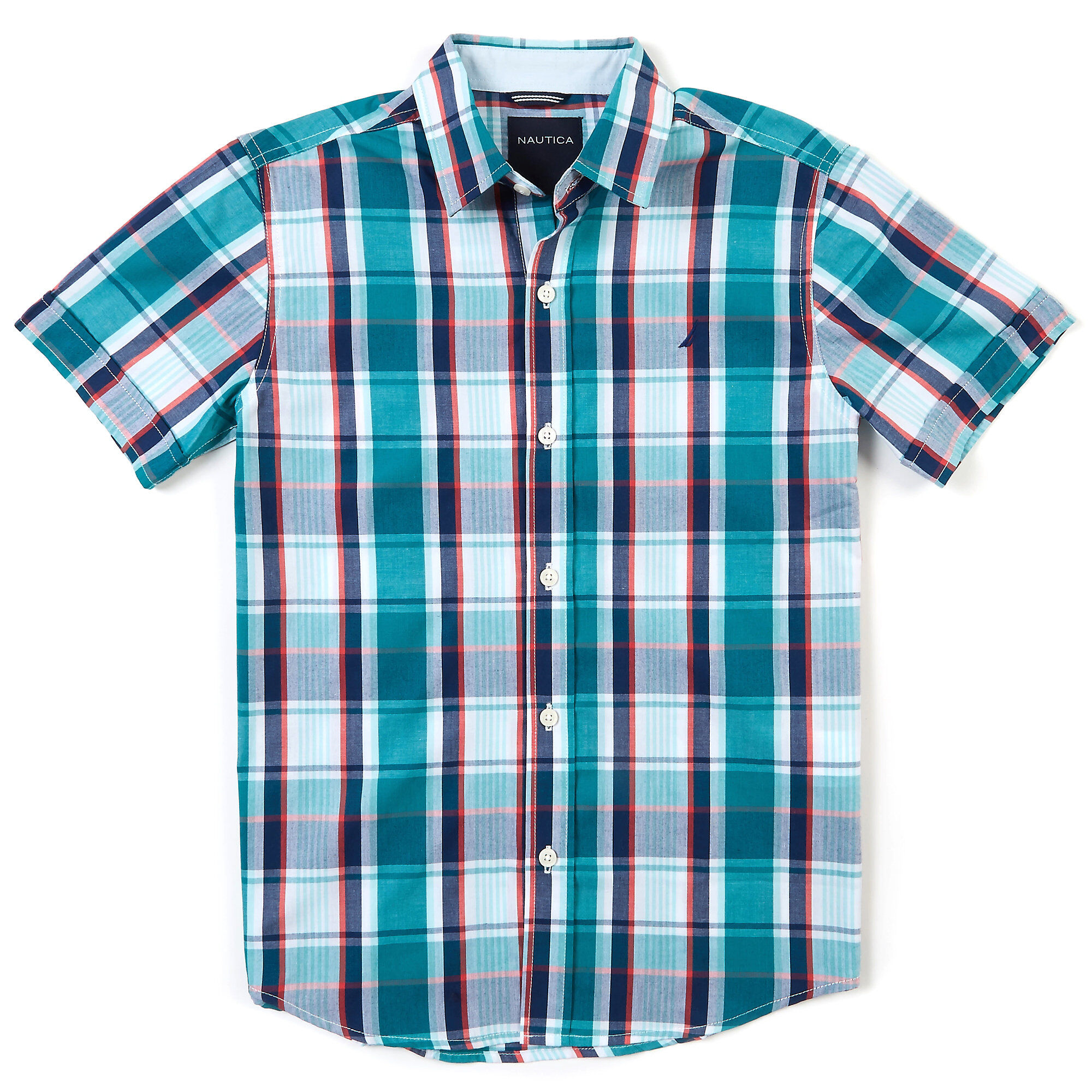 Boys' Short Sleeve Plaid Button-Down Shirt (8-16),Mahogany,large