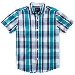 Boys' Short Sleeve Plaid Button-Down Shirt (8-16),Mahogany,large