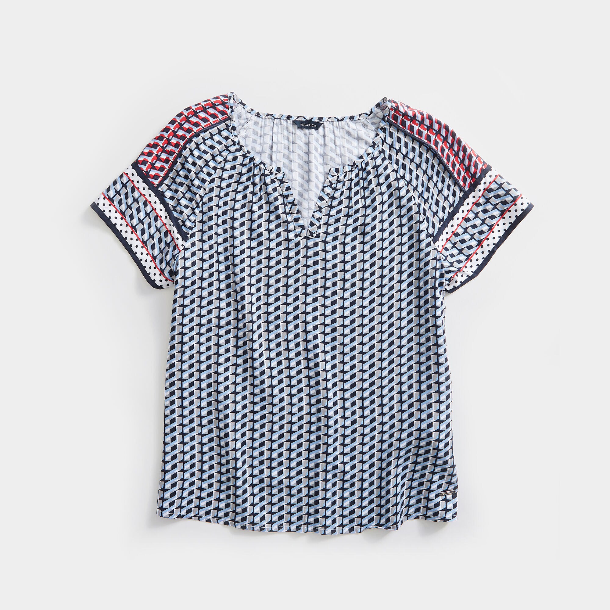 COLORBLOCK GEO PRINT SPLIT NECK TOP,Bolt Blue,large