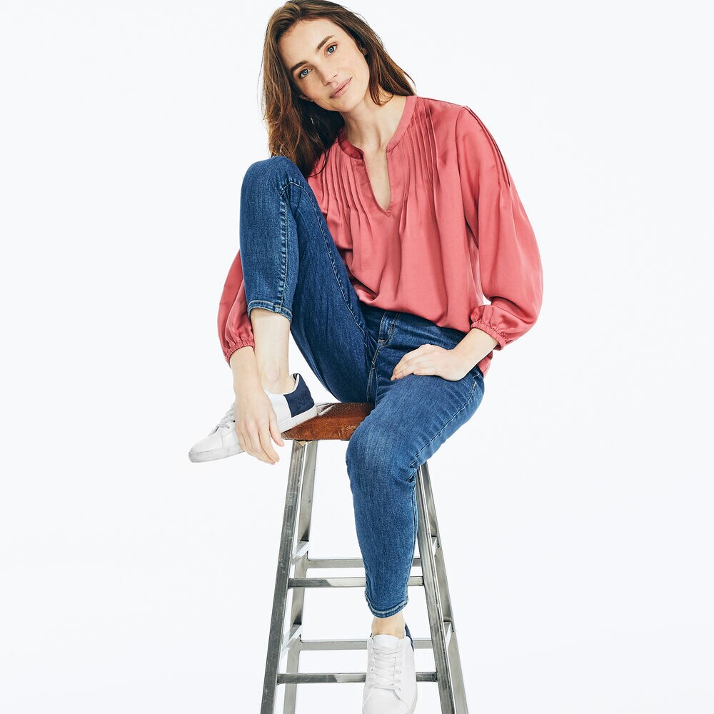 PINTUCK SPLIT-NECK TOP,Shore Rose,large