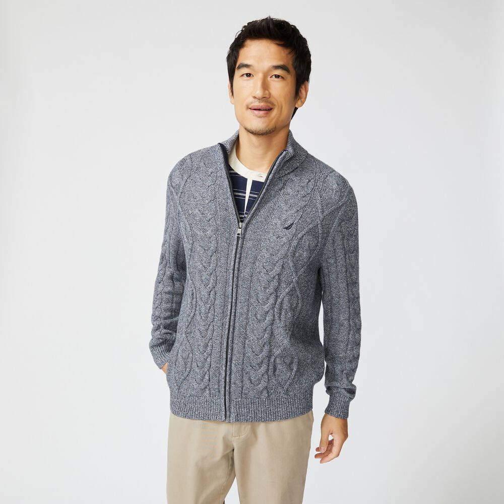 CABLE-KNIT FULL-ZIP SWEATER,Navy,large