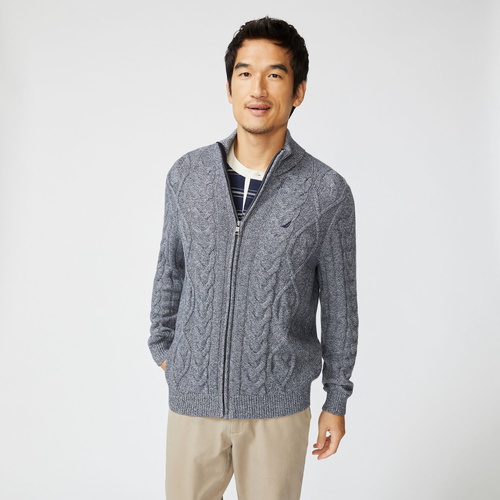 CABLE-KNIT FULL-ZIP SWEATER,Navy,large