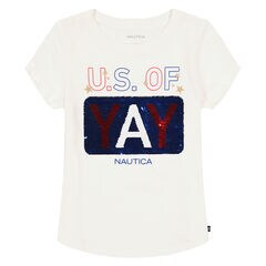 Girls' Sequin Us Of Yay T-Shirt (7-16),Antique White Wash,large