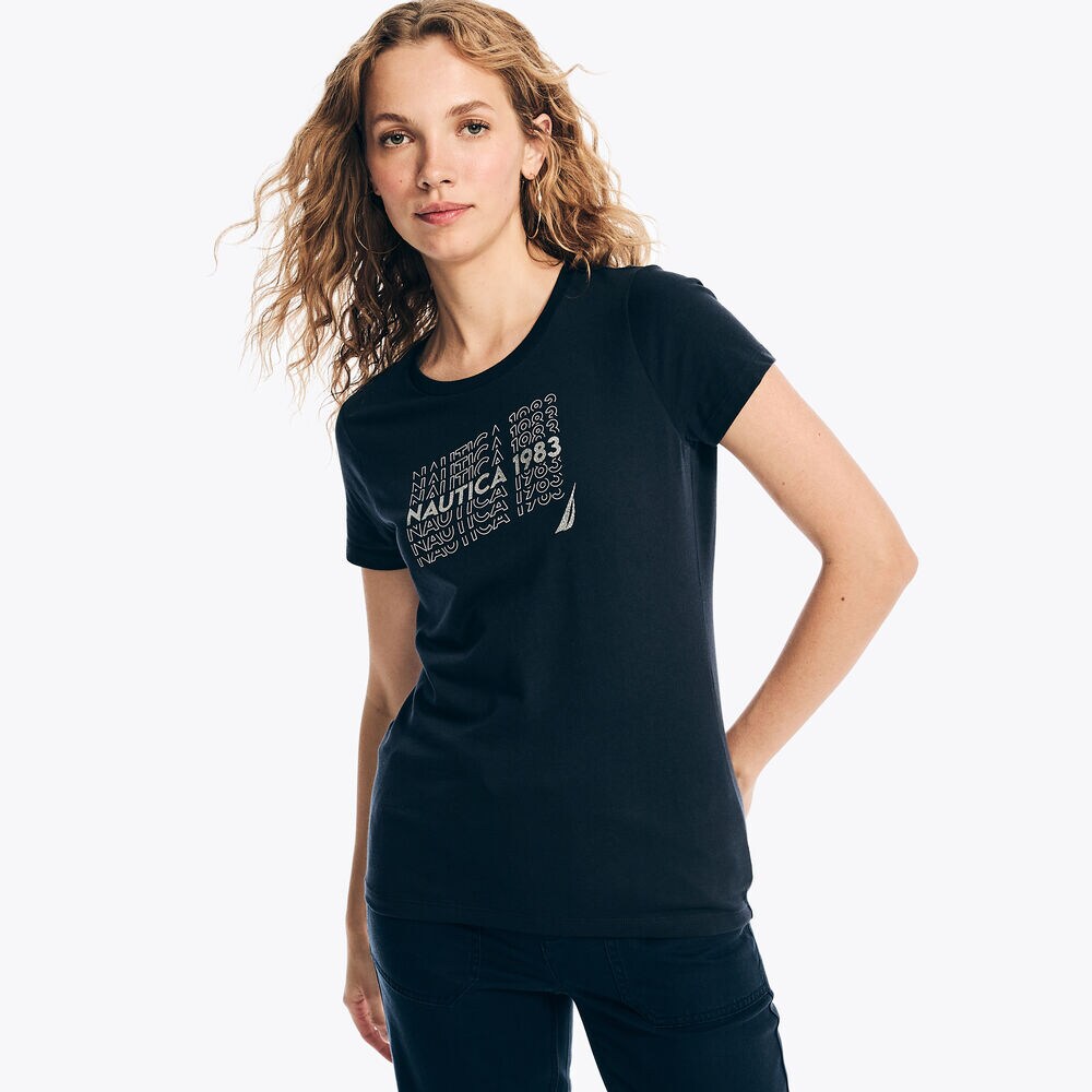 Sustainably Crafted 1983 Glitter Logo Graphic T-Shirt,Stellar Blue Heather,large