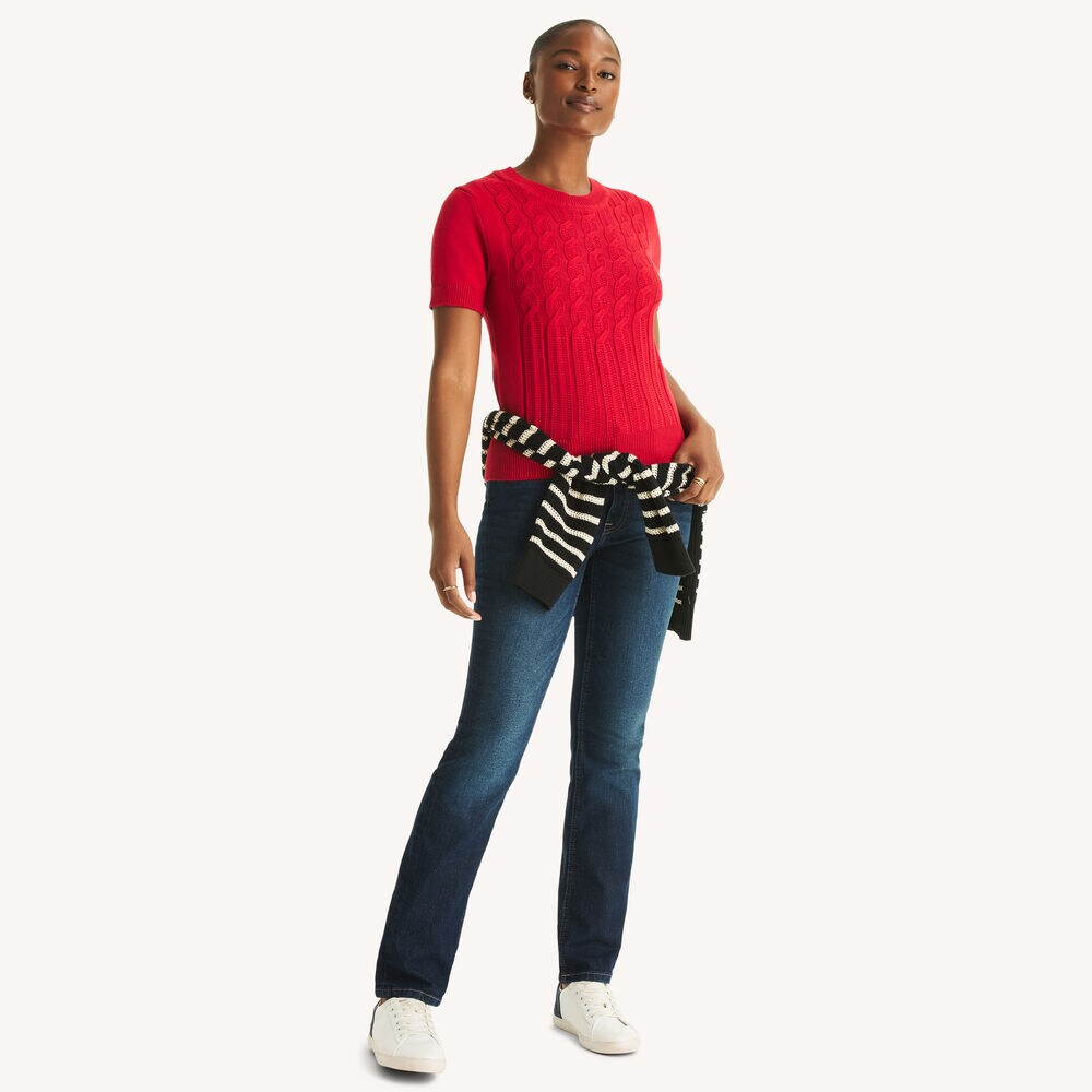 Cable-Knit Short-Sleeve Sweater,Dreamy Coral,large