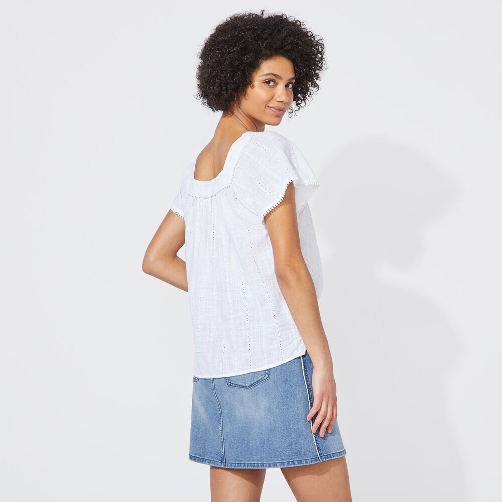 NAUTICA JEANS CO. EMBROIDERED STRIPE SQUARE NECK TOP,Bright White,large