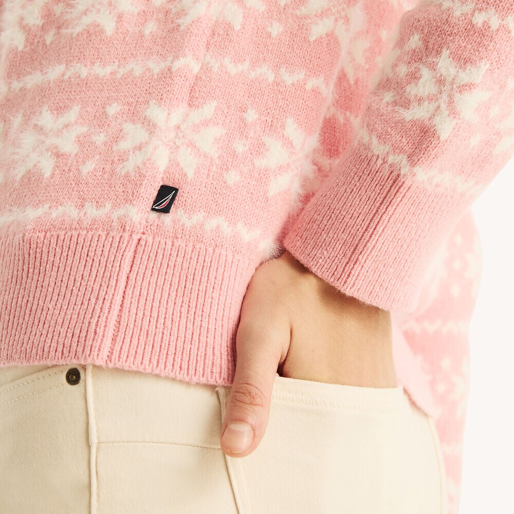 Snowflake Print Crewneck Sweater,Oxford Pink,large