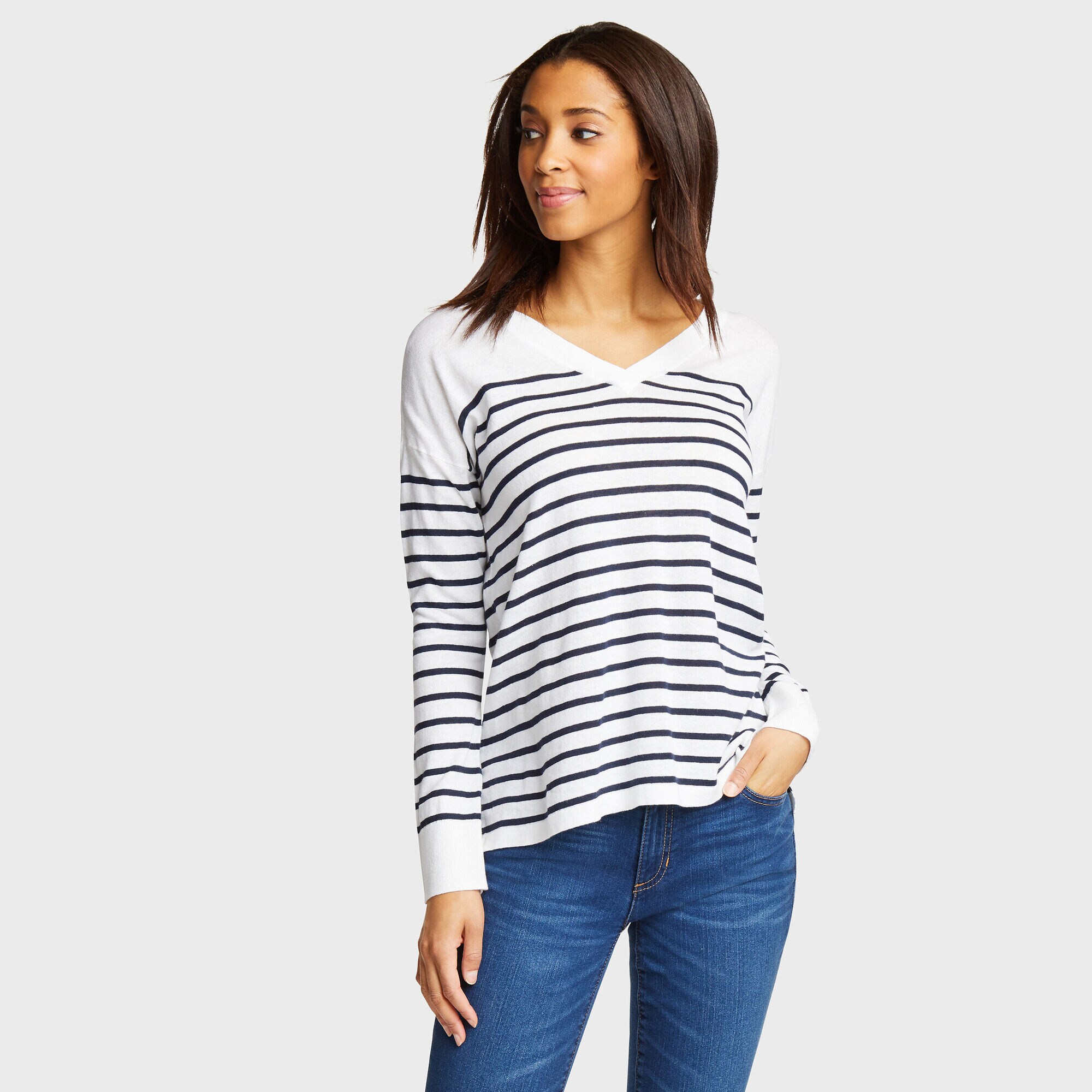 Stripe V-Neck Sweater,Bright White,large