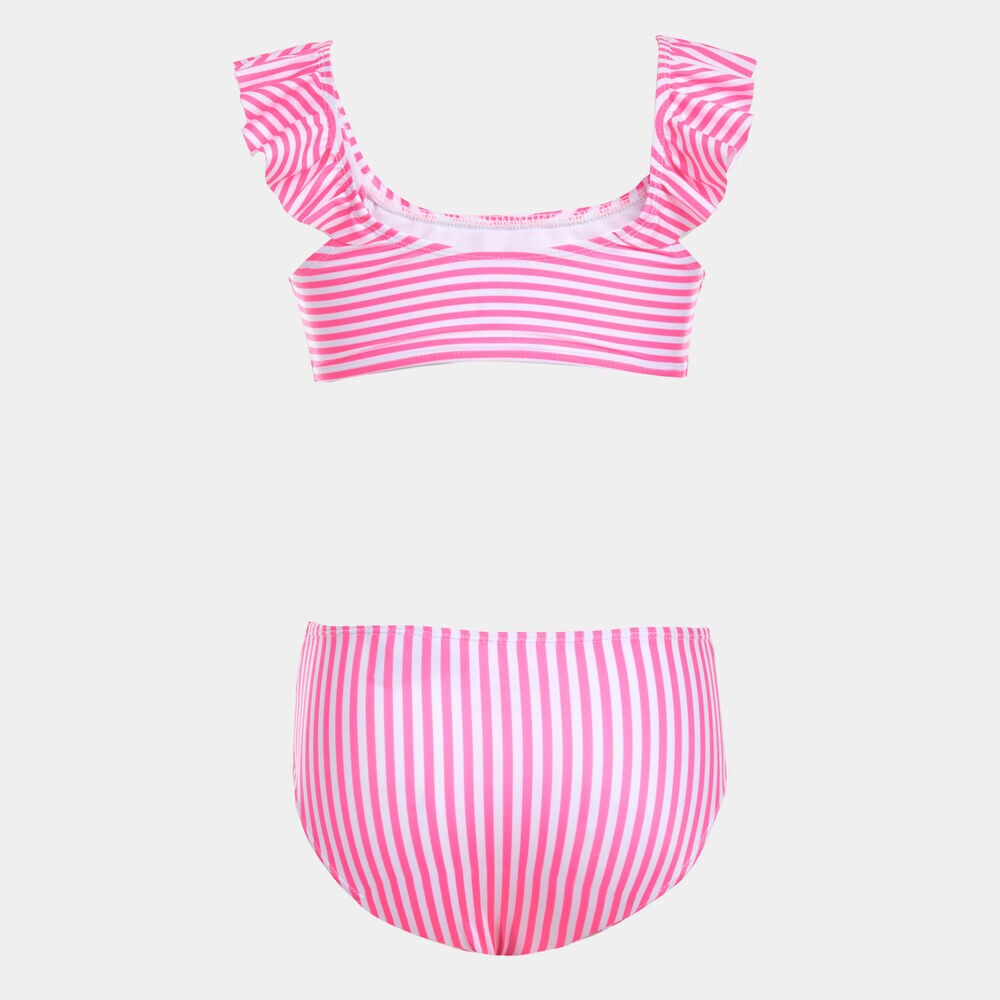 GIRLS' STRIPED RUFFLE-ACCENTED BIKINI SWIMSUIT (8-20),Lt Pink,large