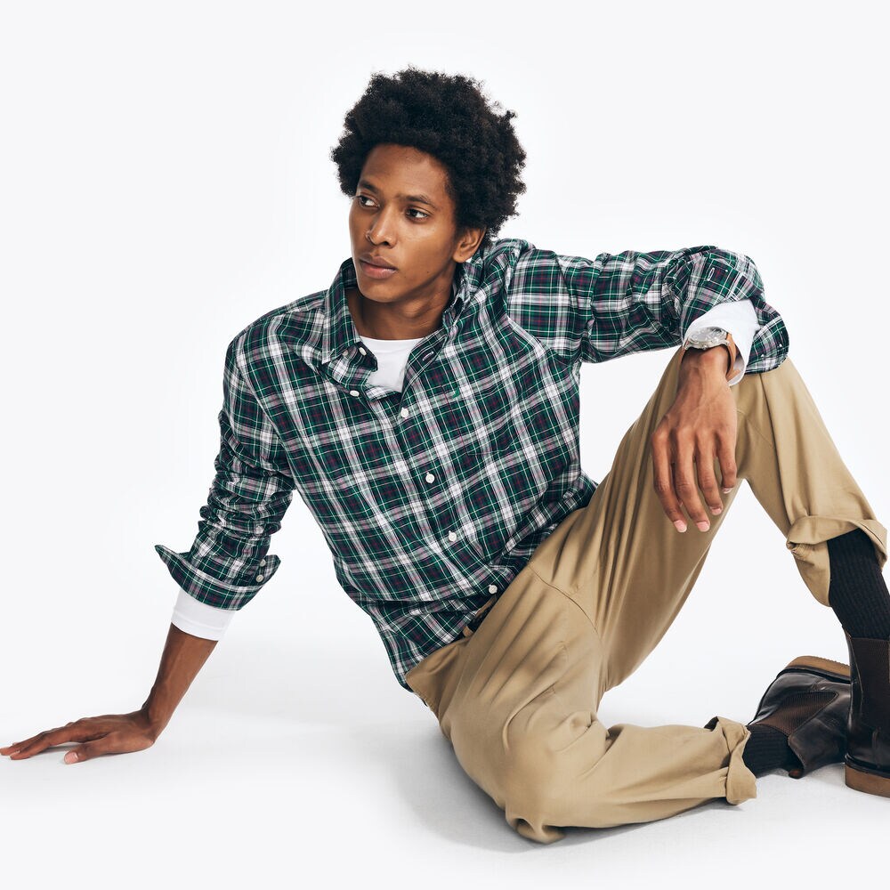 Slim Fit Wrinkle-Resistant Plaid Shirt,Spruce,large