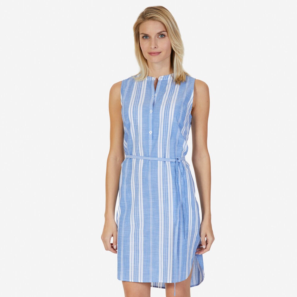 Striped Sleeveless Dress with Belt,Star Sapphire,large