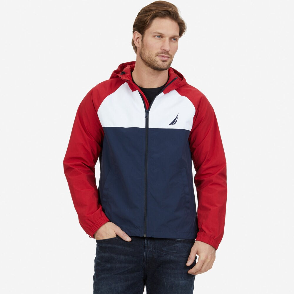 Hooded Colorblock Logo Jacket,Nautica Red,large