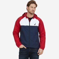 Hooded Colorblock Logo Jacket,Nautica Red,large