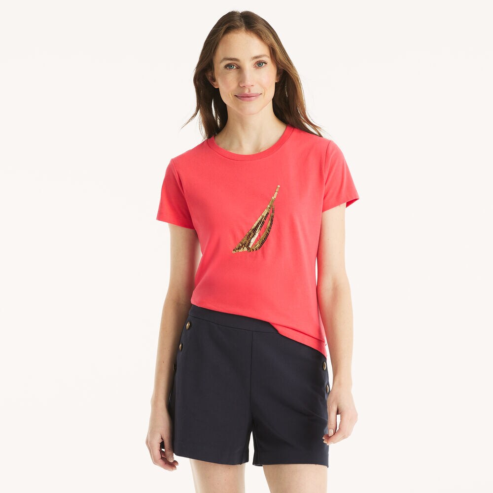 Sequin Gradient Graphic T-Shirt,Glory Red,large