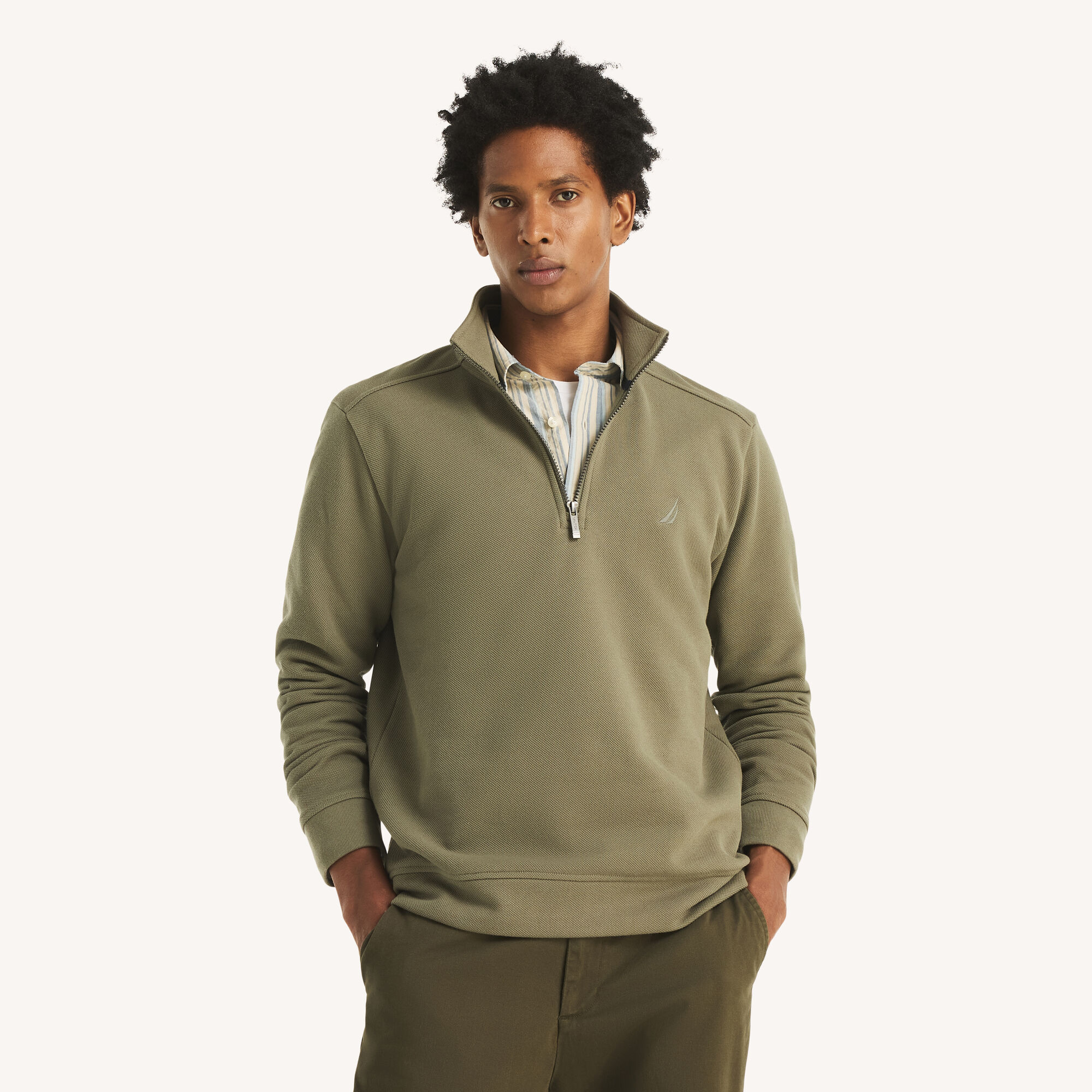 Classic Fit Piqu&eacute; Fleece Quarter-Zip Sweatshirt,Mack Green,large