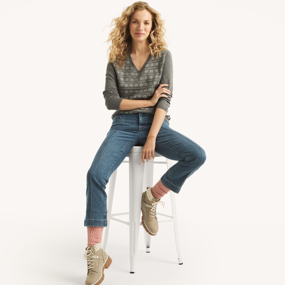 Snowflake Print V-Neck Sweater,Grey Heather,large