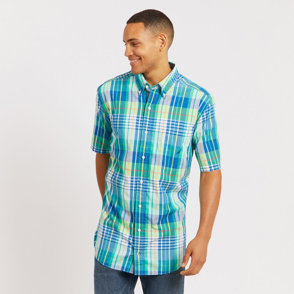 Big & Tall Short Sleeve Plaid Classic Fit Shirt,Nile,large