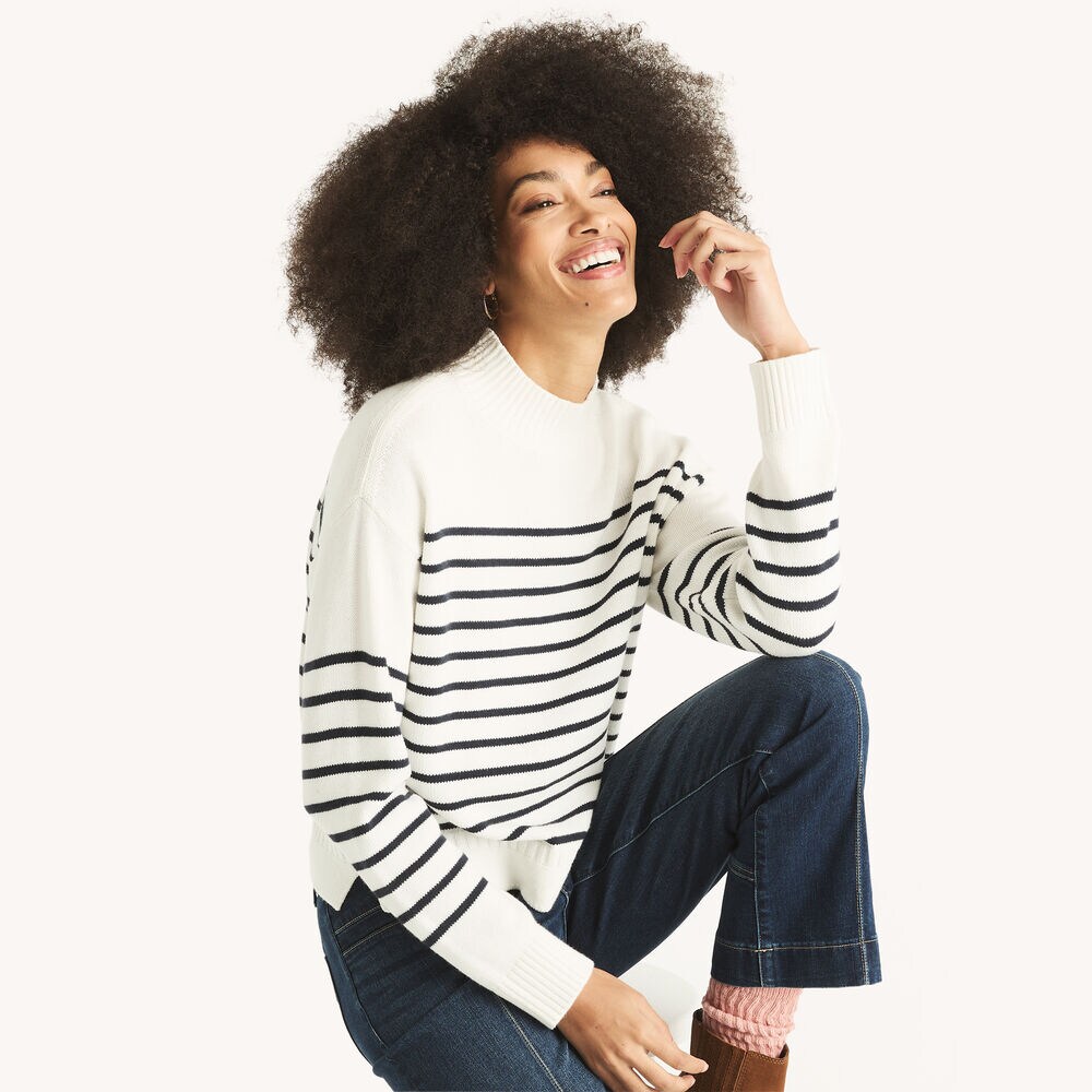 Striped Mock-Neck Sweater,Sail White,large