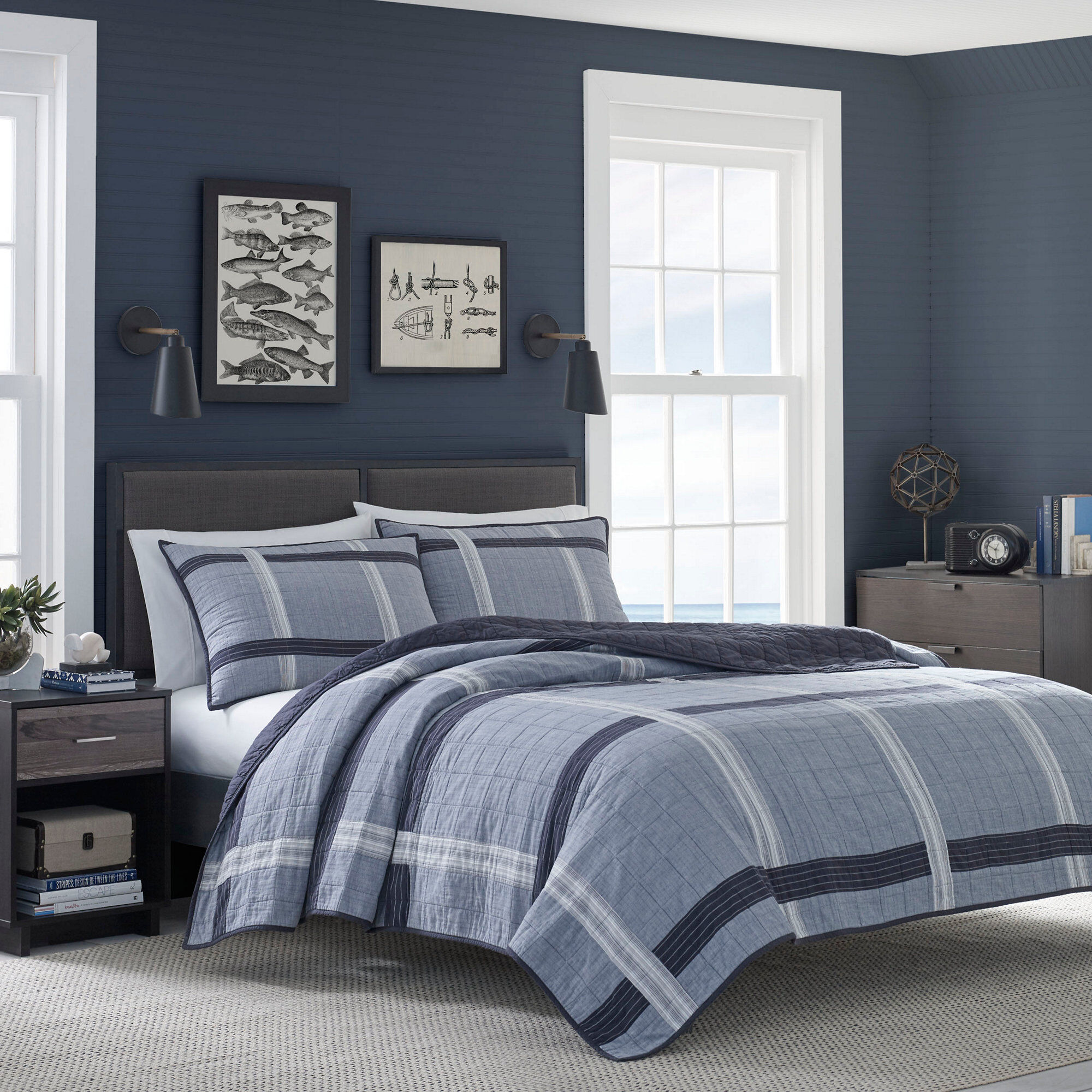 River Breeze Gray Quilt,Capri Blue,large