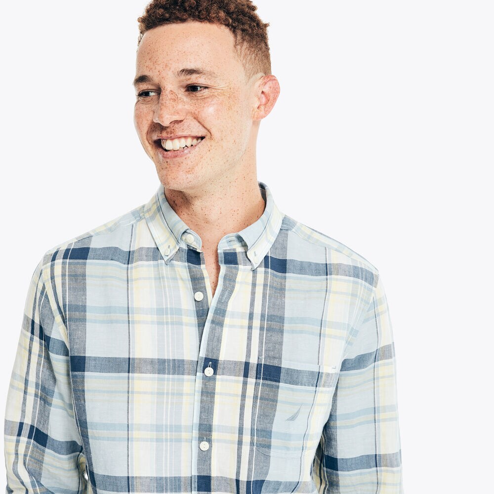 CLASSIC FIT PLAID LINEN SHIRT,Noon Blue,large