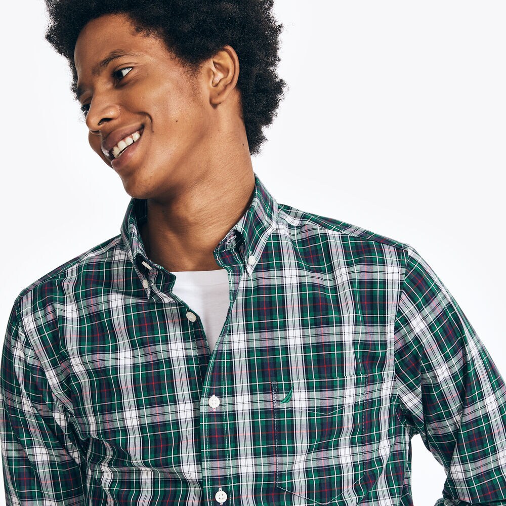 Slim Fit Wrinkle-Resistant Plaid Shirt,Spruce,large