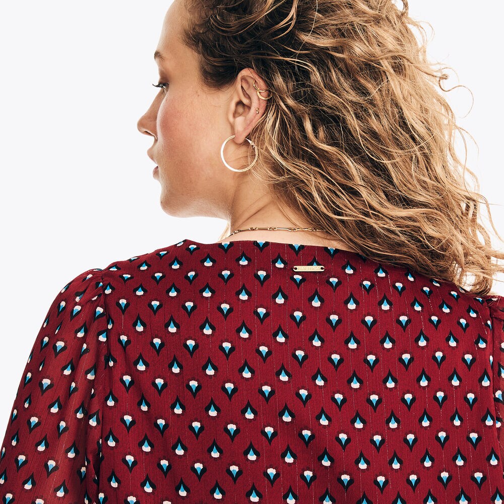 Printed Pintuck Top,Classic Red,large