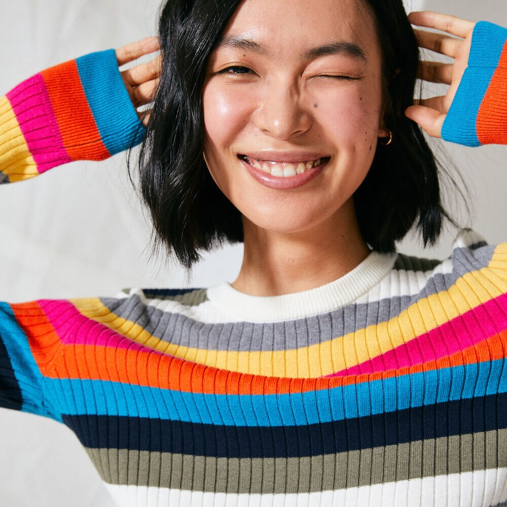 SUSTAINABLY CRAFTED MULTICOLOR STRIPE RIB-KNIT SWEATER,Marshmallow,large