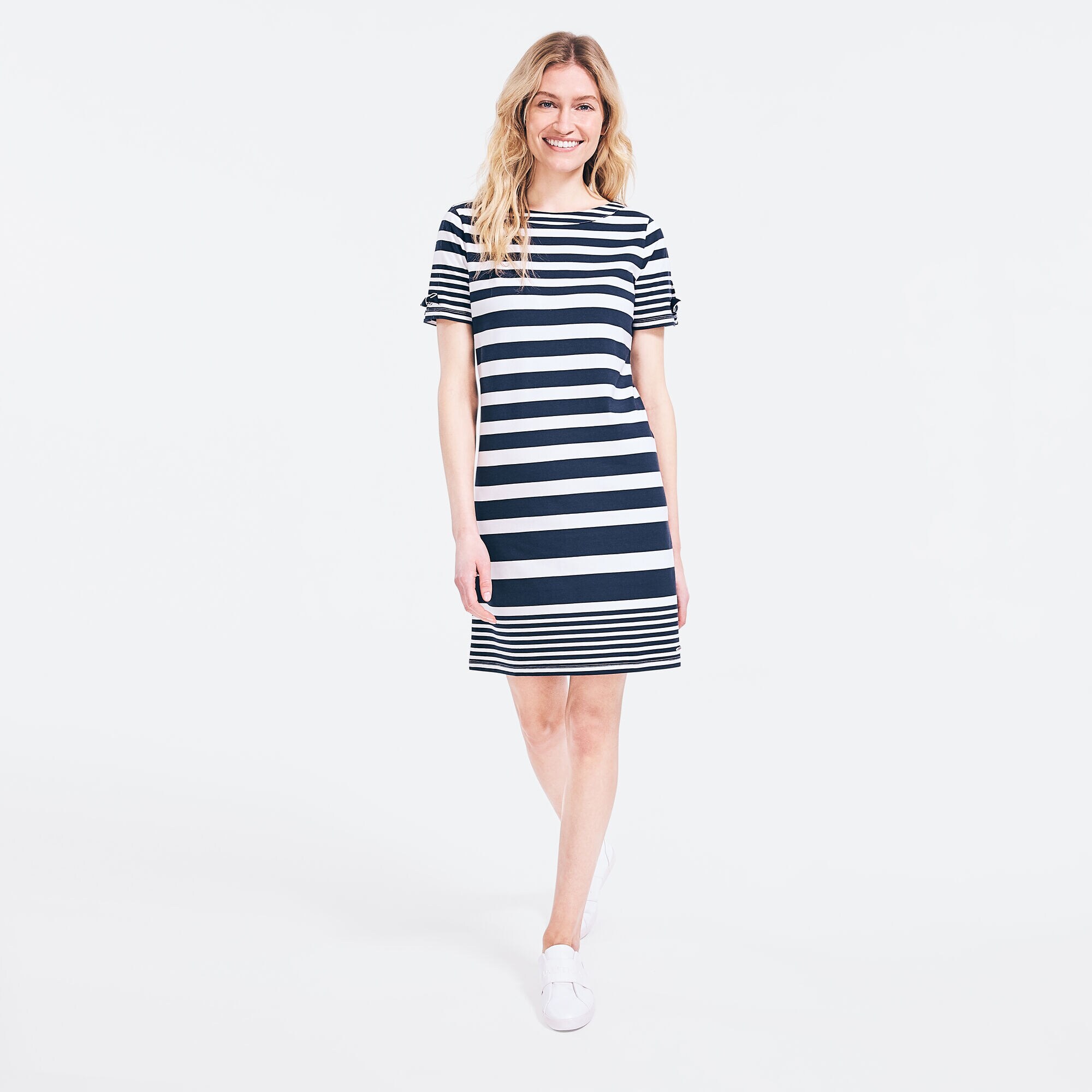 SUSTAINABLY CRAFTED STRIPED TIE-SLEEVE DRESS,Stellar Blue Heather,large