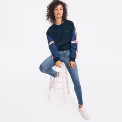 STRIPE-SLEEVE CREWNECK SWEATSHIRT,Navy,large