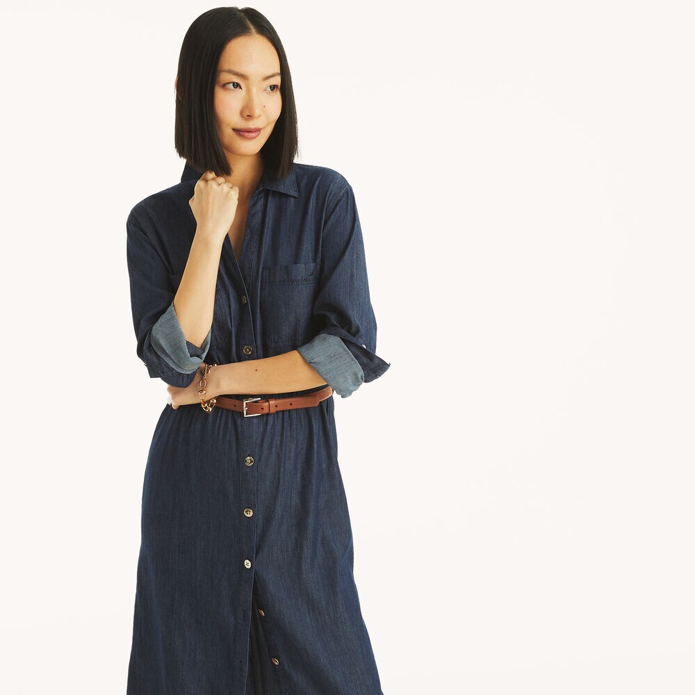 Chambray Midi Shirt Dress,Chambray,large