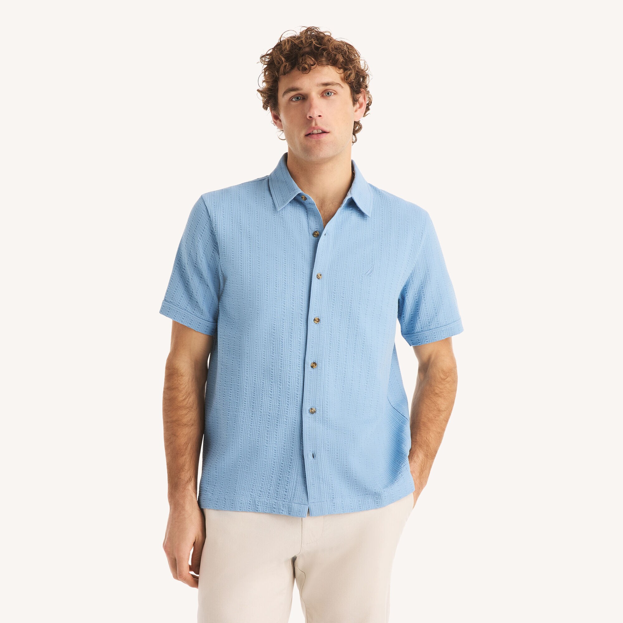 Classic Fit Seersucker Button-Front Polo,Blue Dive,large