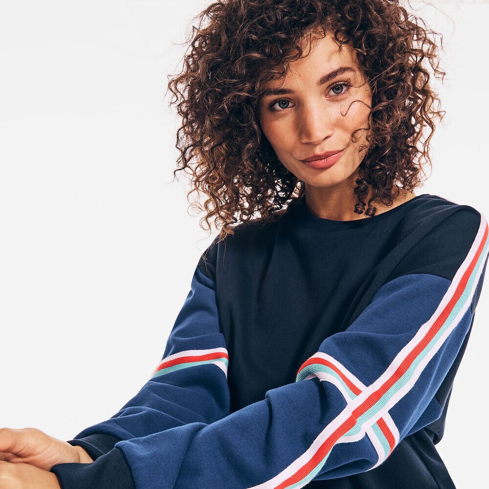 STRIPE-SLEEVE CREWNECK SWEATSHIRT,Navy,large