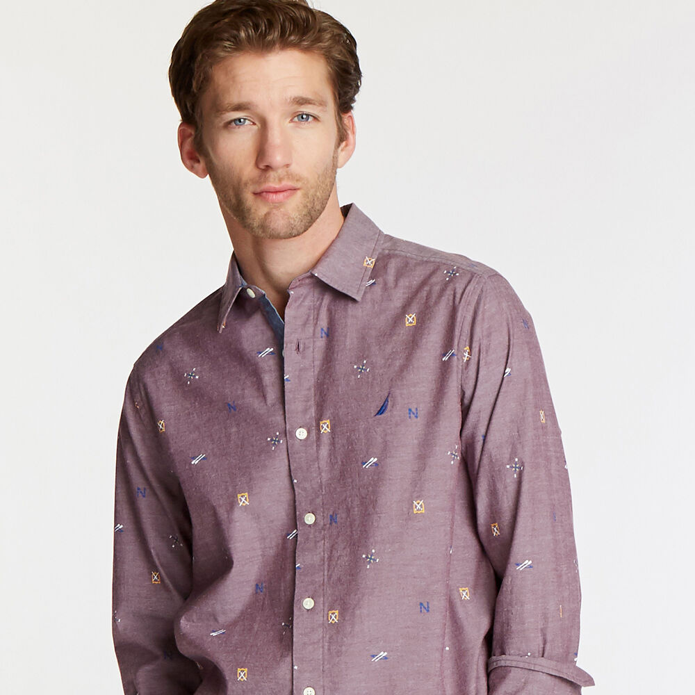 BIG & TALL SHORT SLEEVE OXFORD SHIRT IN NAUTICAL ICON PRINT,Zinfandel,large