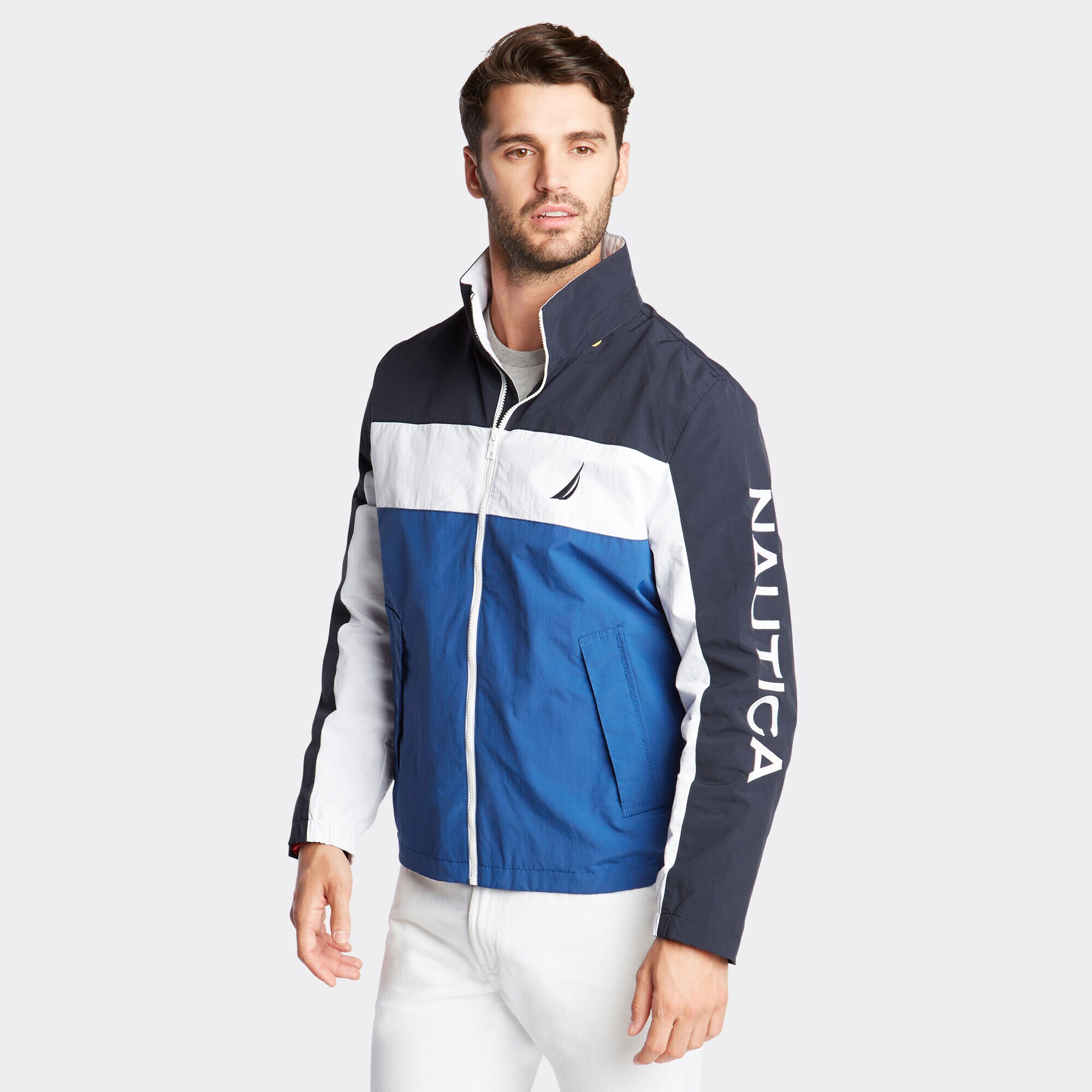 LIGHTWEIGHT JACKET IN COLORBLOCK,Navy,large