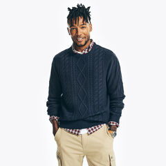 CABLE-KNIT CREWNECK SWEATER,Navy,large
