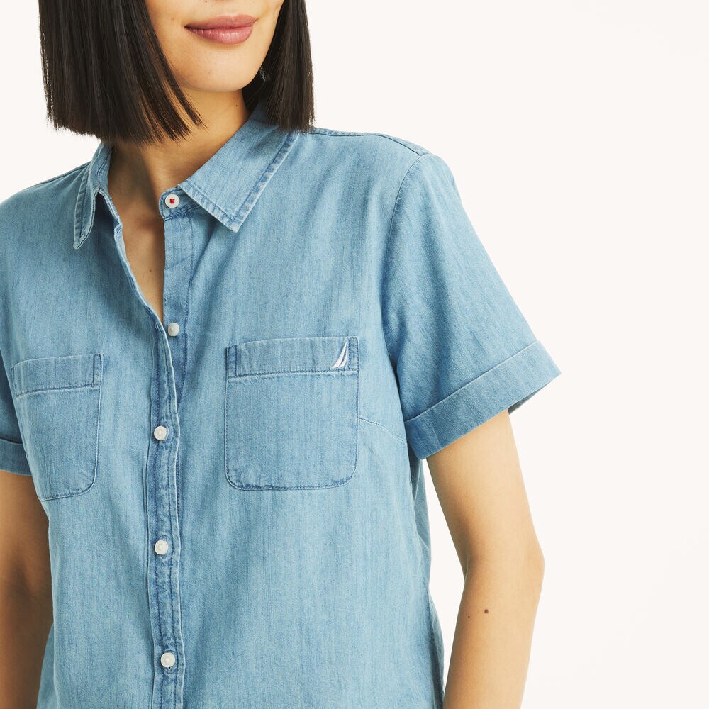Chambray Button-Up Short-Sleeve Shirt,Chambray,large