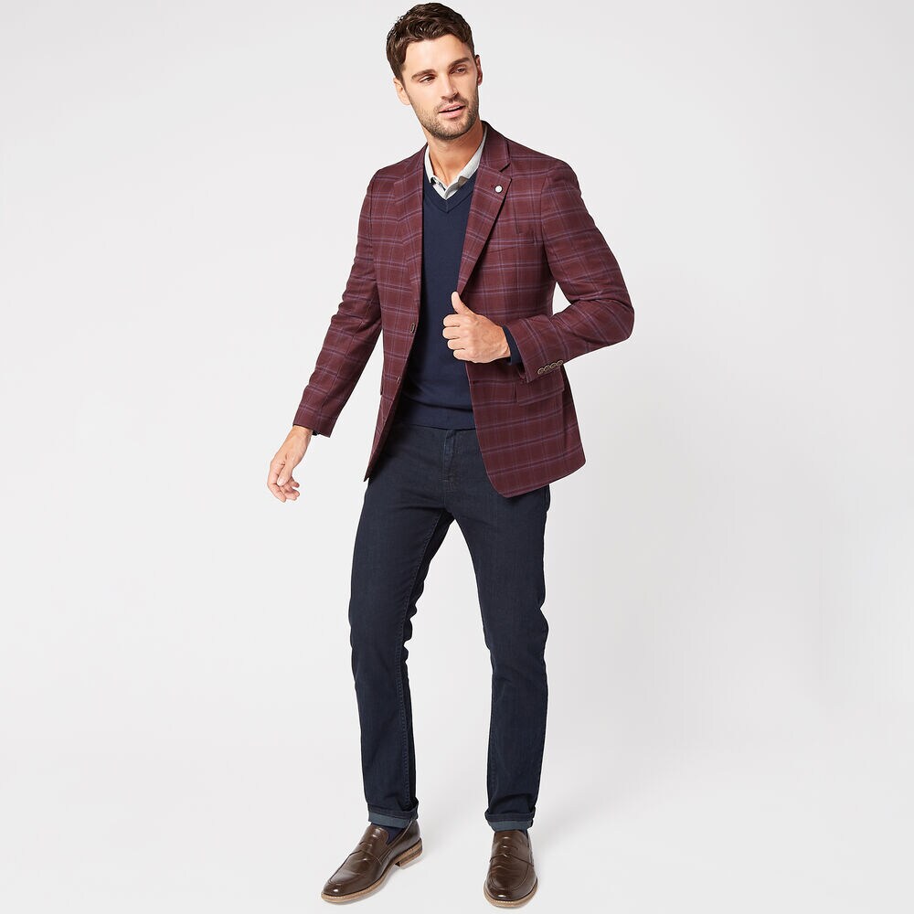 STRETCH PLAID JACKET IN BURGUNDY,Melonberry,large