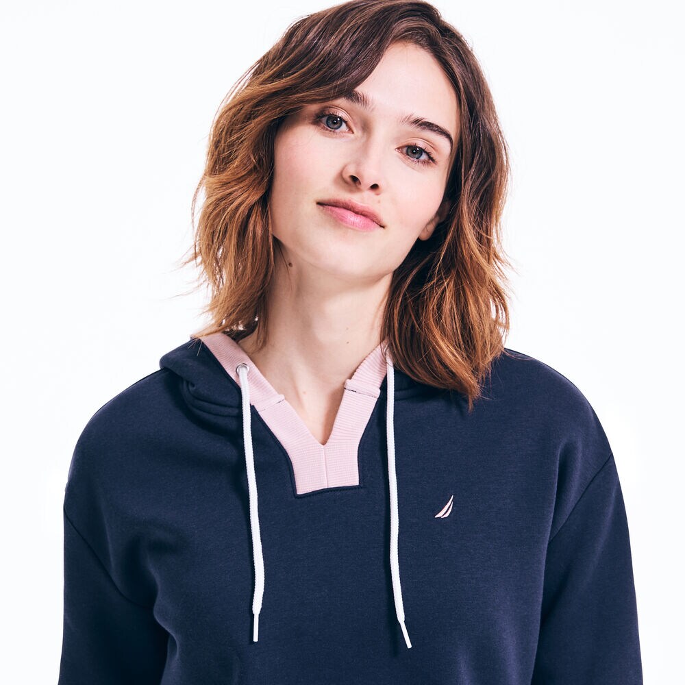 SPLIT NECK PULLOVER HOODIE,Stellar Blue Heather,large