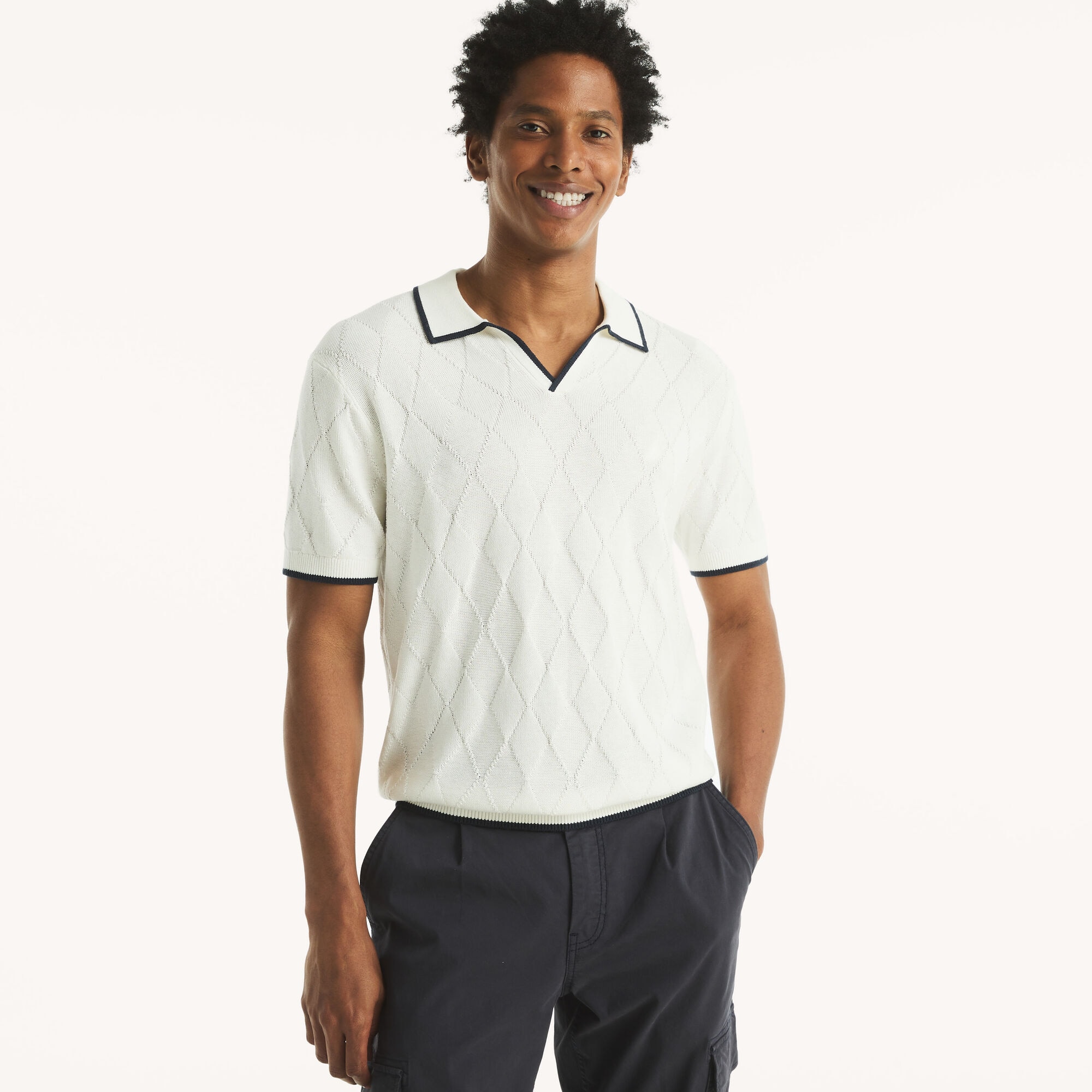 Textured Argyle Sweater Polo,Sail White,large