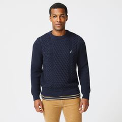 CLASSIC FIT CABLE KNIT SWEATER,Navy,large
