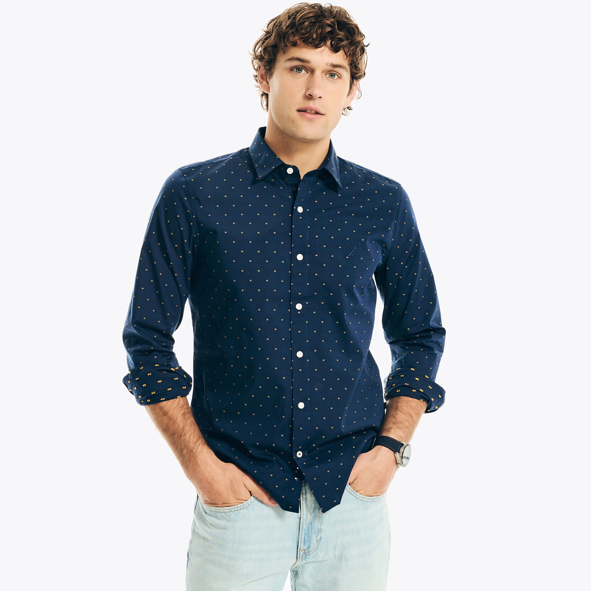 Slim Fit Wrinkle-Resistant Wear To Work Shirt,Navy,large