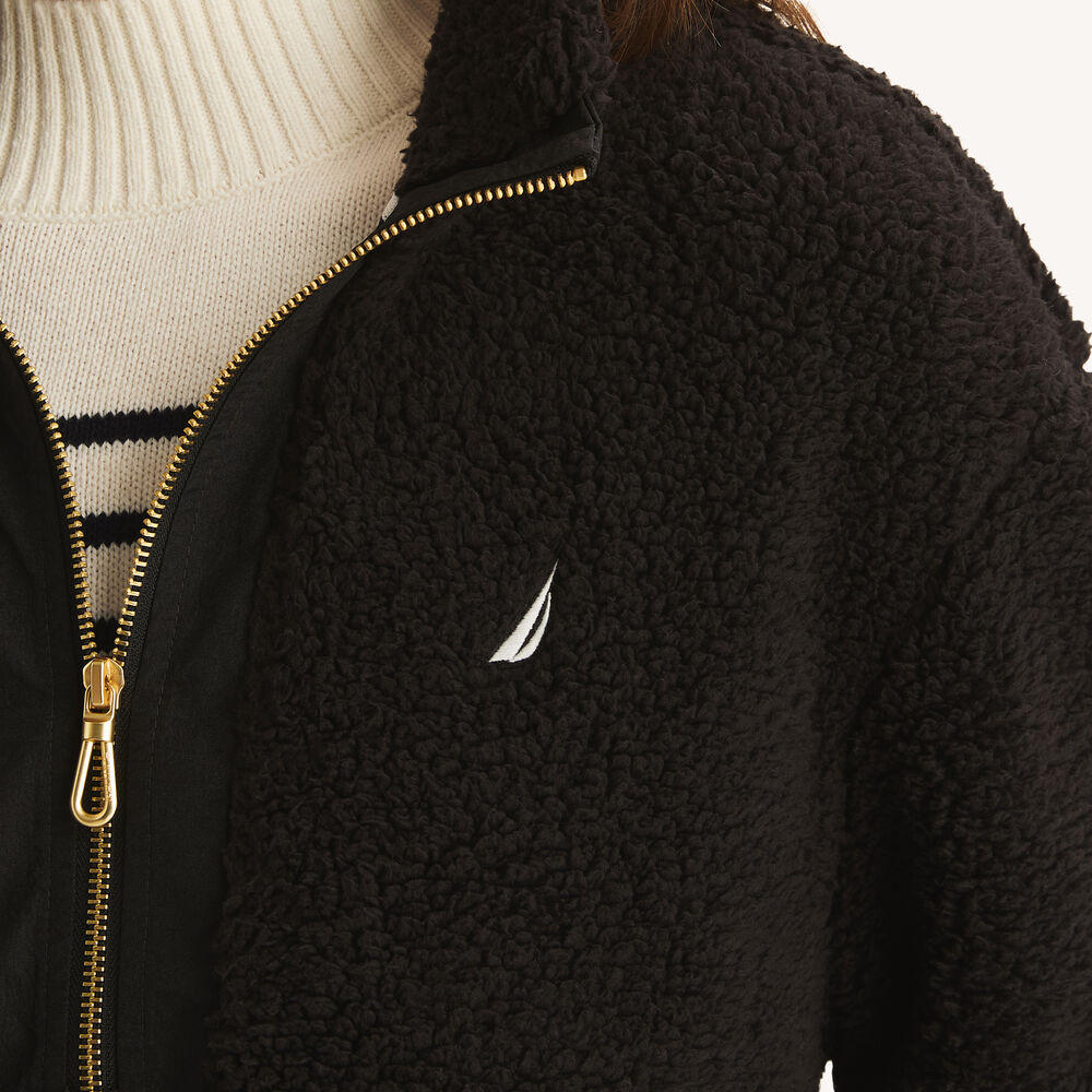 Quarter-Zip Faux Shearling Pullover,True Black,large