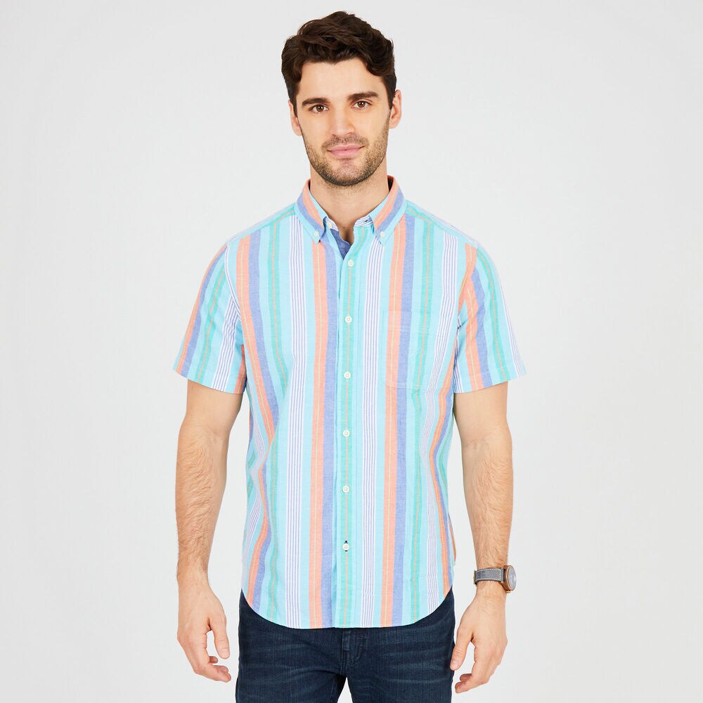 Short Sleeve Classic Fit Striped Button Down,Bali Bliss,large