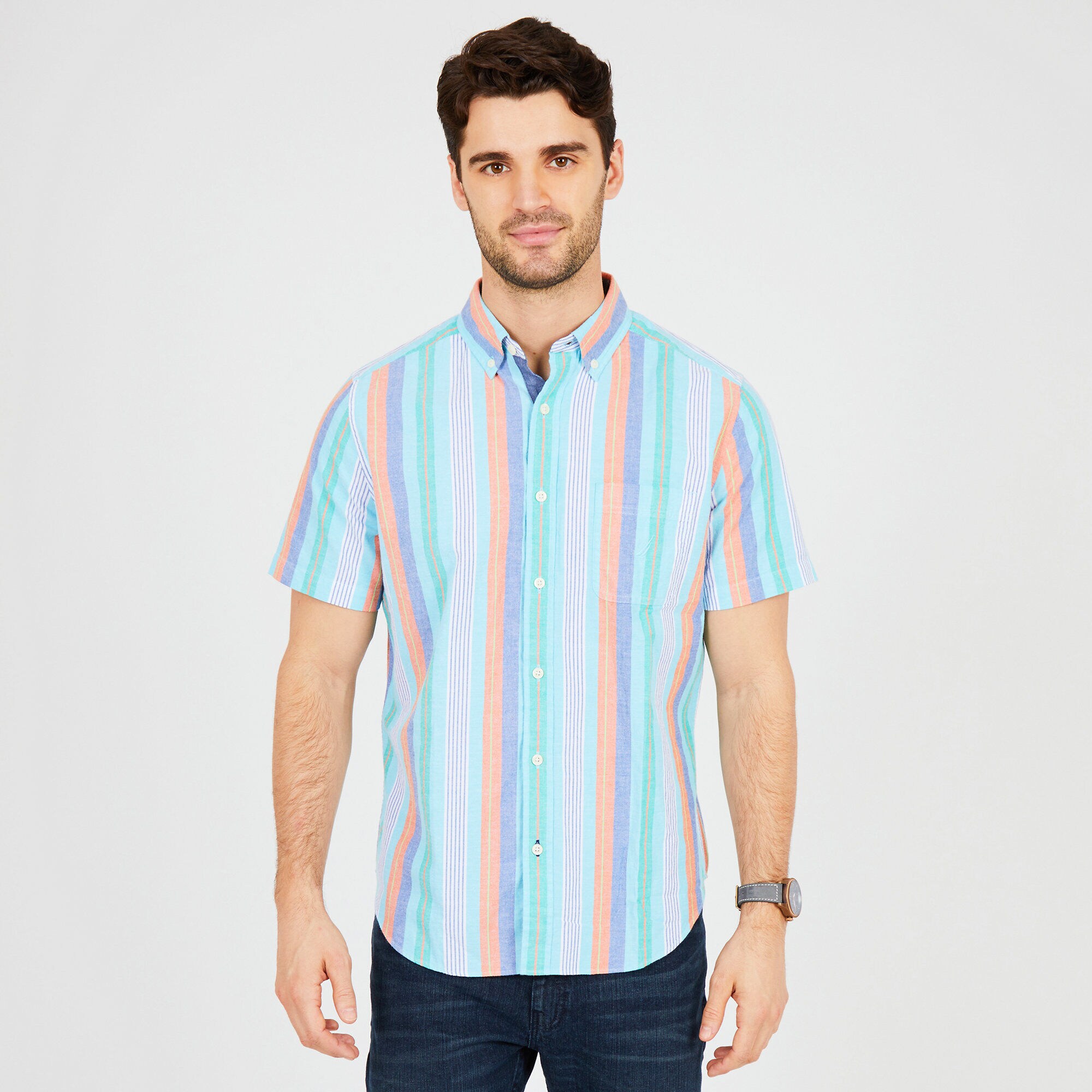 Short Sleeve Classic Fit Striped Button Down,Bali Bliss,large