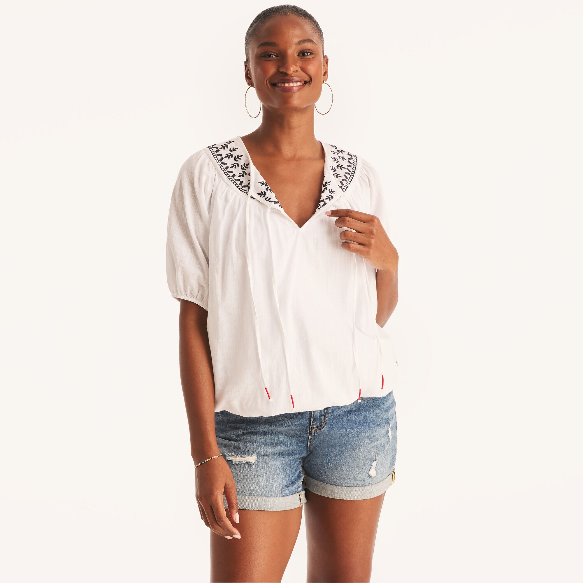 Bubble Hem Embroidered Blouse,Bright White,large