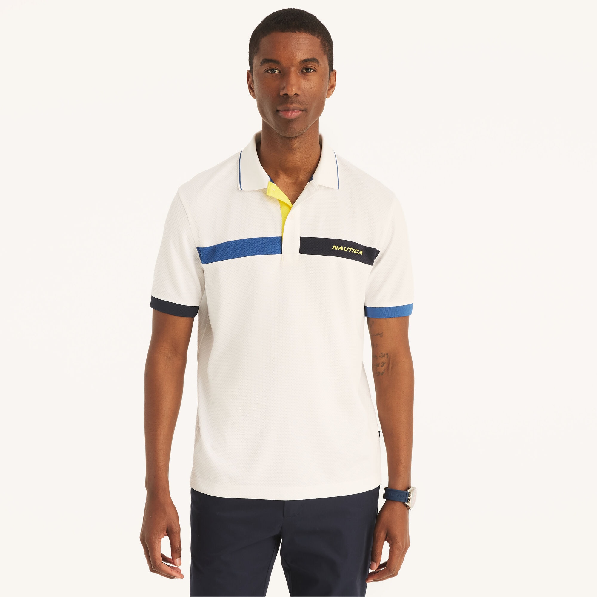 Navtech Classic Fit Colorblock Polo,Bright White,large